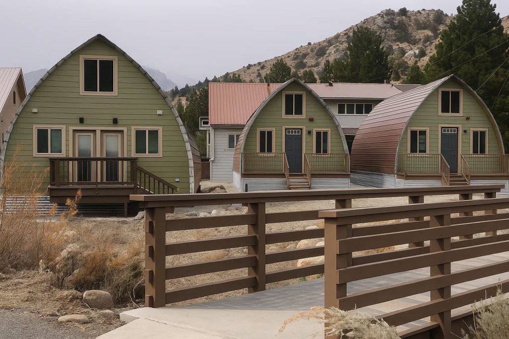 Detached cabins with private decks, arched steel roofs and dedicated parking at The Acorns Village, June Lake CA
